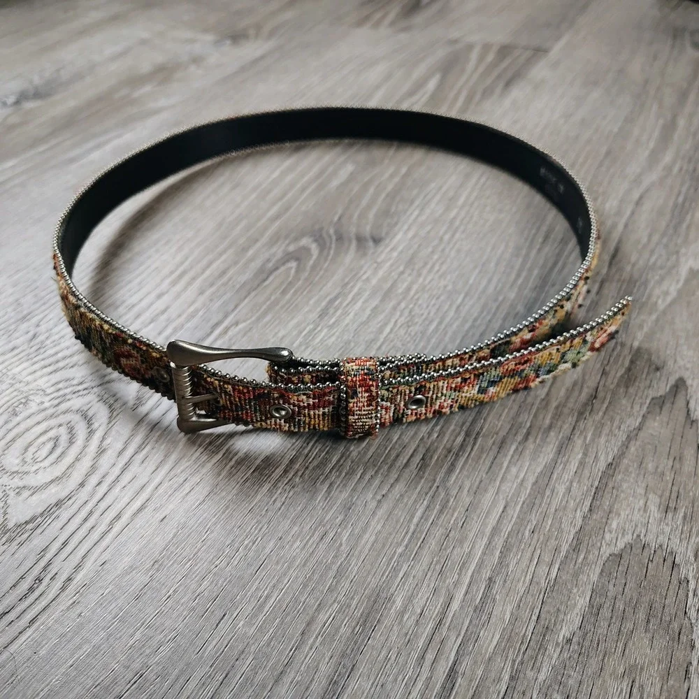 Tapestry Belt Beaded Trim Silver Buckle ML Boho Cottagecore‎ USA Made